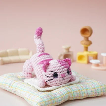Pink crocheted cat craft kit finished example