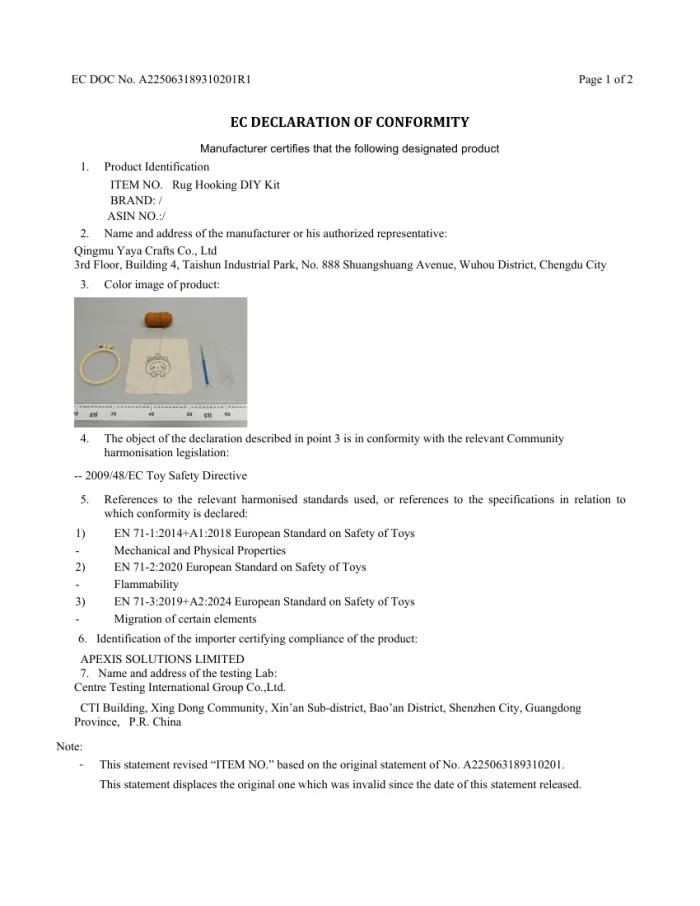 Cover of EC Declaration of Conformity for qingmuyaya Punch Needle Kit