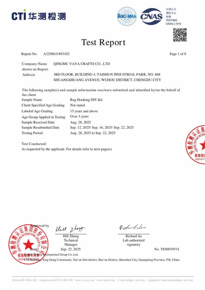 Cover of CTI EN 71 test report for qingmuyaya Punch Needle Kit