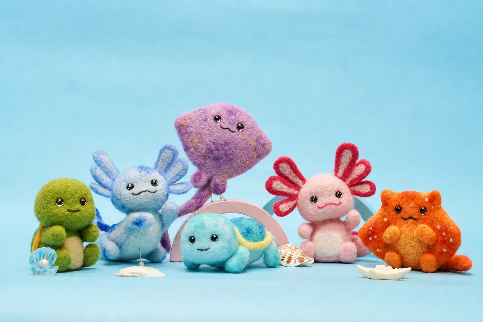 Needle Felting Animal Kit - Bright Product Photo Bright colorful needle felted animal craft kit samples