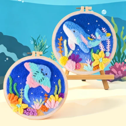 Colorful ocean animal punch needle hoop kit finished examples
