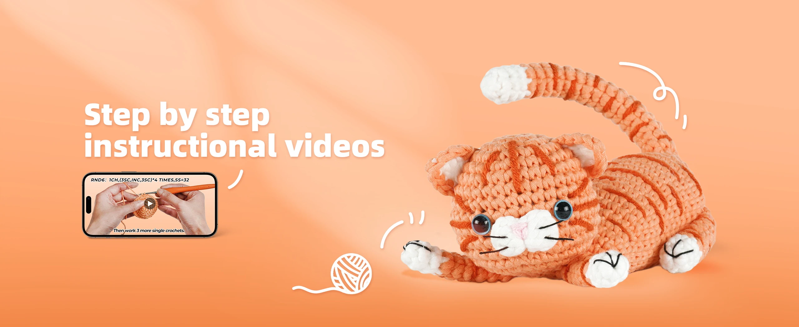 Crochet cat kit with step-by-step instructional video