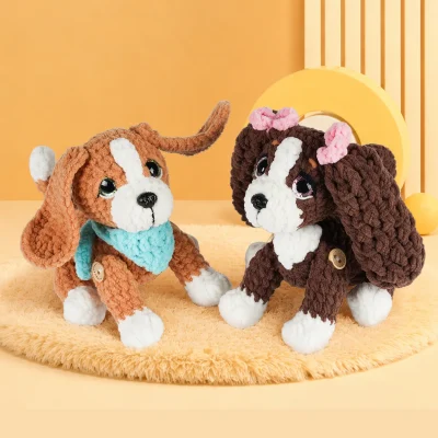 Crocheted chenille yarn dog craft kit finished examples