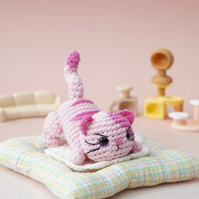 Pink crocheted cat craft kit finished example