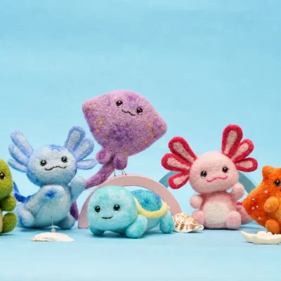 Bright colorful needle felted animal craft kit samples